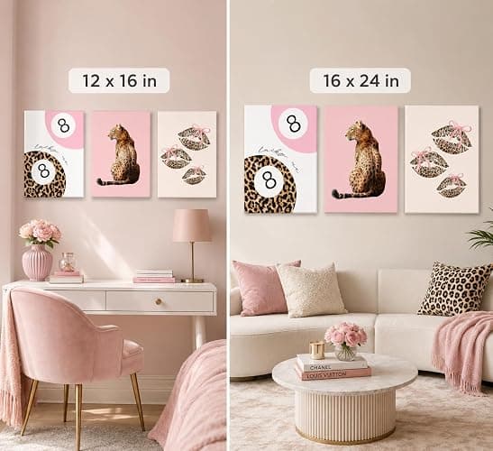 3pcs Pink Cheetah Wall Art Preppy Leopard Wall Decor 12x16in Framed | Leopard Bow Print Painting Lucky 8 Ball Poster Fashion Aesthetic Picture for Girly Bedroom Dorm Apartment thumbnail 5