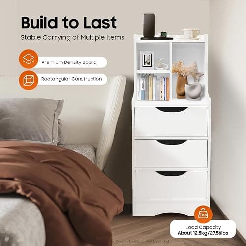 Nightstand with 3 Drawers, 33.4 in Tall Storage Night Stand with Hutch, Nightstands Bedside Table with Drawers & Storage Shelf, 3 Drawer Dresser, Small Bed Side End Tables for Bedroom, Living Room thumbnail 5