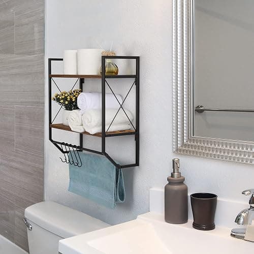 Bathroom Towel Rack 2 Tier Wall Shelf with Towel Bar, Rustic Towel Rack with Shelf for Wall Storage Shelves with Hooks Over Toilet Shelf Wall Mounted Towel Holder Shelf Floating Shelves for Home Brown thumbnail 2