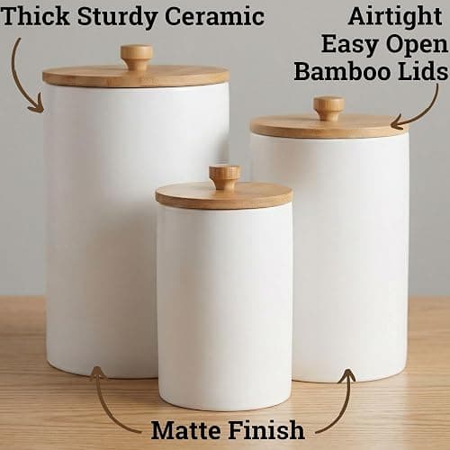 Ceramic Kitchen Canisters for Countertop Set of 3 with Airtight Bamboo Lids - White Kitchen Canisters with Airtight Lids - Flour Sugar Canister Set - Flour and Sugar Containers Farmhouse - Coffee Jar thumbnail 3