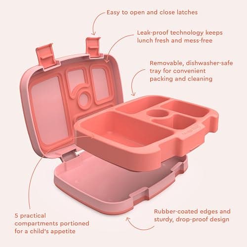 Bentgo Kids Bento-Style 5-Compartment Leak-Proof Lunch Box - Ideal Portion Sizes for Ages 3 to 7 - Durable, Drop-Proof, Dishwasher Safe, PFAS & BPA-Free & Made with Food-Safe Materials (Coral) thumbnail 6
