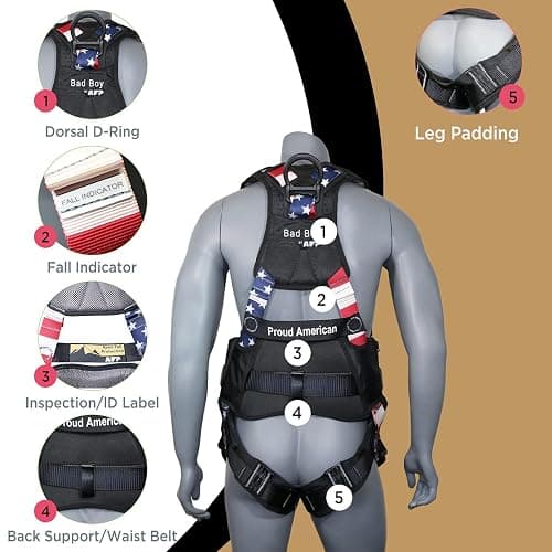 AFP Fall Protection Full-Body Premium Safety Harness, 8” Thick Support Belt, Aluminum D-Rings, Tongue Buckle (OSHA/ANSI PPE) thumbnail 5