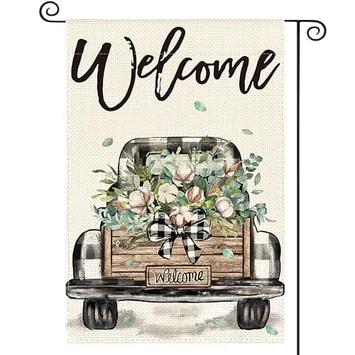 AVOIN colorlife Welcome Spring Truck Garden Flag 12x18 Inch Double Sided, Cotton Rustic Buffalo Plaid Yard Outdoor Flag - Garden Size-12 x 18" - Image 1