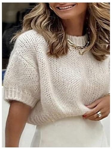 GORGLITTER Women's Puff Sleeve Crewneck Knit Shirt Top Short Sleeve Solid Loose Sweater thumbnail 3