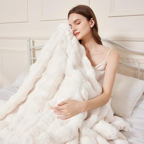 Faux Rabbit Fur Throw Blanket for Couch, Fluffy Warm Plush Thick Bubble Blanket for Bed Sofa Living Room, Soft Cozy Furry Blanket, 50x60 inches, Cream White thumbnail 3