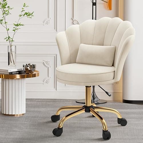 Aivermeil Modern Velvet Vanity Chair with Gold Base, Swivel Office Chair with Lumbar Pillow, Adjustable Rolling Task Chair for Condo, Bedroom & Vanity，Beige thumbnail 4
