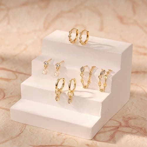 Voduim Gold Earrings for Women, Dainty Earring Stacks 14K Gold Plated Chain Earrings Cute Hypoallergenic Huggie Earrings for Women Trendy Unique Drop Hoop Earrings Stack Fashion Gold Jewelry Set thumbnail 6
