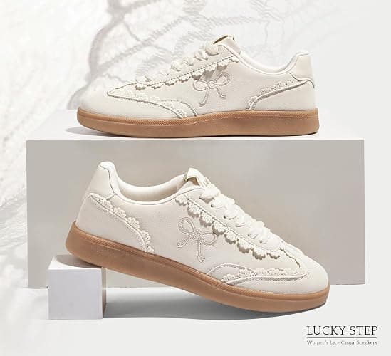 LUCKY STEP Women's Lace Detail Sneakers Organza Ribbon | Casual Cute Shoes Lace-Up Gum Sole Vintage Trendy Fashion Tennis Shoes thumbnail 8