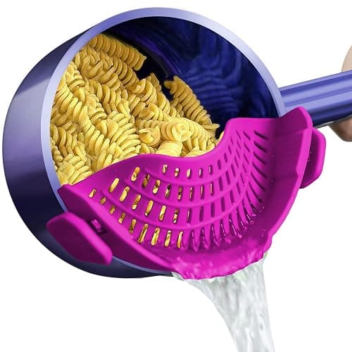 AUOON Clip On Strainer Silicone for All Pots and Pans, Pasta Strainer Clip on Food Strainer for Meat Vegetables Fruit Silicone Kitchen Colander (Purple) - Image 1