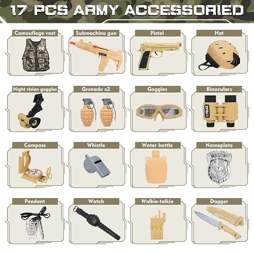 CAPTAIN CHAOWING Kids Army Costume, Military Soldier Dress up Role Play 3+ | 17Pcs Military Soldier Dress Up Kit, Realistic Combat Accessories with Helmet & Vest, Halloween Party, Toys for Ages 3+ thumbnail 3
