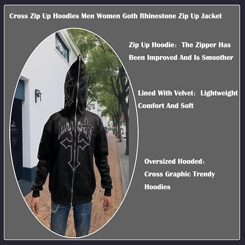 RYXSUN Rhinestone Hoodie Men Women Letter Graphic Gothic Hoodie Print Sweatshirt Full Zip Up Oversized Jacket thumbnail 6
