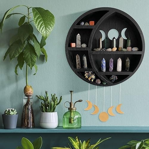 Ella & Emma Wooden Moon Shelf - Crescent Moon Crystal Shelf, Crystal Storage & Wall Hanging Shelves for Bedroom Aesthetic, Moon Phase Wall Decor & Crystal Display Shelf, Pinewood, Black - Full Black thumbnail 2
