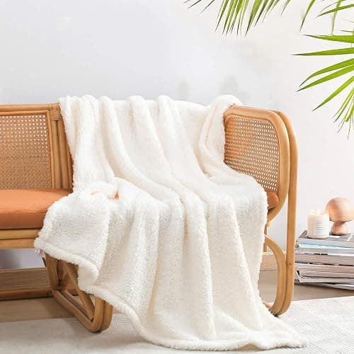 Ultra Soft Cozy Sherpa Throw Blanket, Solid Antique White Light Weight Warm Decorative Boho Style Plush Throw Blanket Cover for Sofa, Couch, Bedroom,Travel, Pattern Reversible, 60”x80” - Image 1