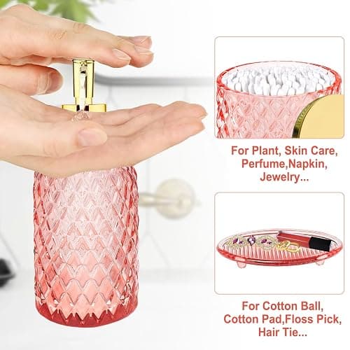 Haturi Glass Bathroom Accessories Set, Light Pink Bathroom Set, 4 Pcs | Kit w/ Bathroom Soap Dispenser Set, Toothbrush Holder, Qtip Holder, Vanity Tray, Pink Bathroom Decor, Gift for Home Apartment thumbnail 4