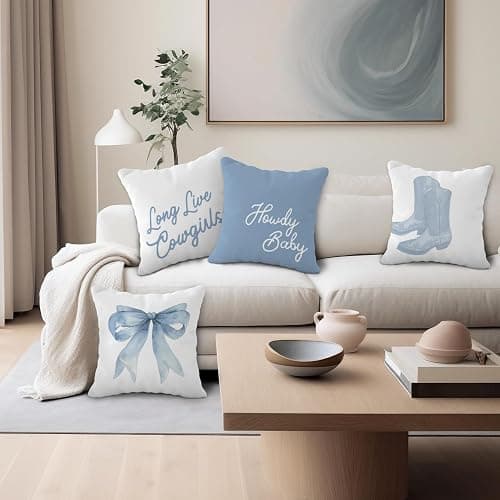 OTOUO Western Cowgirl Pillow Covers 18x18 - Howdy Long Live Cowgirls Boots Pillow Cover, Western Blue Coquette Bows Home Room Decor, Set of 4 thumbnail 5