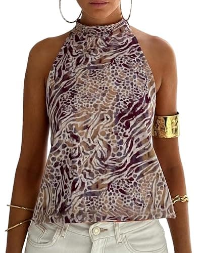 Size S Aonoapll Women Y2k Floral Print Halter Top Backless Sleeveless Mock Neck Tank Top Open Back Going Out Vest Tops - Image 1