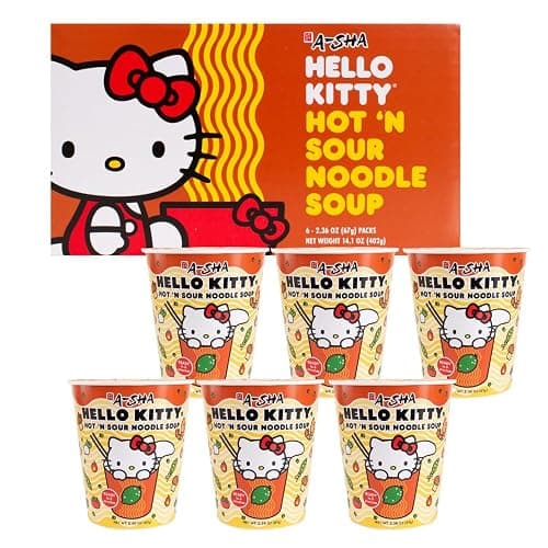 Hello Kitty Instant Ramen Noodle Cup | 6 Pack | Hot and Sour Flavor | Premium Microwaveable Ramen Soup Mix, Asian Snacks thumbnail 2