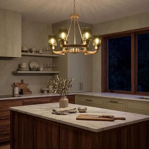 Virelite Modern Gold Chandelier 6-Light - 24" Olive Green Fluted Glass Pendant Light, High-End Brass Hanging Ceiling Fixture for Dining Room, Kitchen Island, Living Room thumbnail 2
