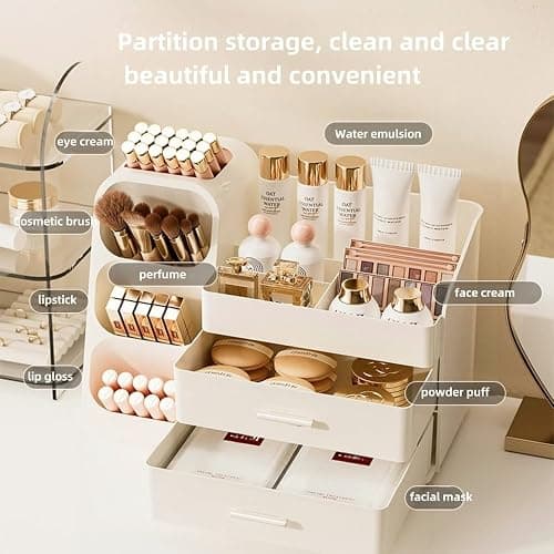 KQJS Makeup Organizer with Drawers,Large Capacity Countertop Organizer for Vanity,Bathroom and Bedroom Desk Cosmetics Organizer,Easy To Storage Skincare,Brushes,Lotions,Lipstick (All Cream) thumbnail 5