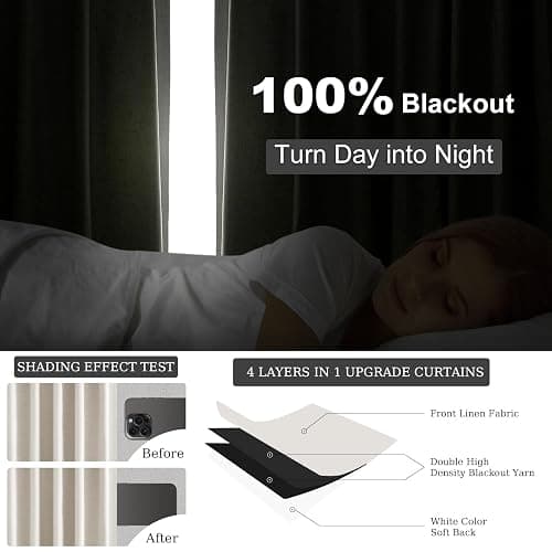 Topfinel Cream Linen Blackout Curtains 84 Inch Long for Bedroom Living Room, Ivory Pinch Pleat Back Tab Full Blackout Drapes Farmhouse Boho Curtains for Window, White Neutral Curtains 52" X 84" 7 FT thumbnail 6