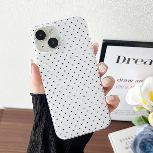 CHEDEMK Compatible with iPhone 13/14 Case, Fashion Cute Aesthetic Polka Dot Pattern Cover for Women, Shockproof Slim Soft TPU and Hard PC Protective Phone Case - White thumbnail 3