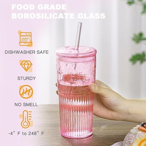 JunVpic Glass Coffee Cups with Lids and Straws, 20 OZ Pink Iced Water Glasses Tumblers for Ice Juice, Tea, Milk, Smoothie and Cold or Hot Drinks, Set of 2 thumbnail 4