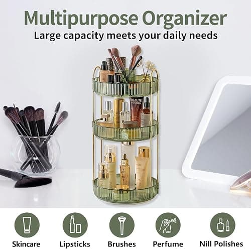 Asayuee 360 Rotating Makeup Organizer,3 Tier Large Capacity Make Up Organizers and Storage,Skincare Perfume Vanity Organizers,Bathroom Cosmetics Storage Organizer Countertop (Green) thumbnail 6