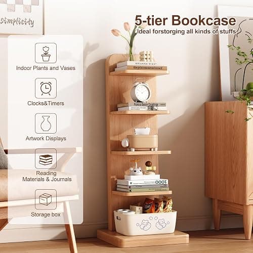 WoodsWhisper Narrow Bookshelf Ladder Bookshelf 5 Shelf Bookcase, Mid Century Modern Bookcase with Freestanding Display Shelves,Anti-tip Device and Thickened Base for Small Space,Living Room, Office - Natural - 5C thumbnail 3