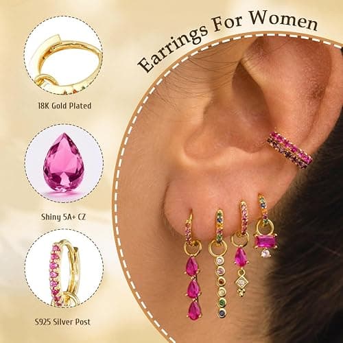 6pcs Gold Hoop Earring Stacks For Women Dainty Colorful Cubic Zirconia Huggie Earrings 18k Gold Hoop Earrings Cartilage Stud Earring Sets For Multiple Piercing thumbnail 5