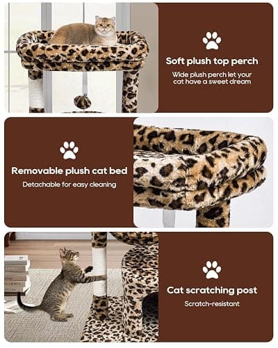 SYANDLVY Small Leopard Print Cat Tree for Indoor Cats, Cat Tower with Scratching Post, Modern Cat House with Padded Perch, Kittens Condo with Cradle, Cat Cave - 29.6" - Leopard Print thumbnail 5