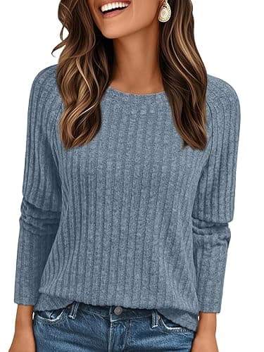 AUTOMET Womens Long Sleeve Shirts Fall Fashion Tops 2025 Crewneck Dressy Sweaters Tunic Winter Clothes Casual Outfits - Blue - Small