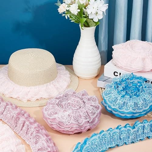 BENECREAT 2.5 Yards 3-Layer Ruffle Lace Pleated Trim, 3-5/8 inch Wide Chiffon Flower Trim Gathered Ribbon for Wedding Applique Clothing Sewing Craft DIY Decor, Pink thumbnail 5