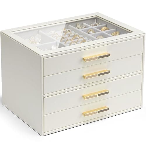 Vlando 4 Layer Jewelry Box for Women, Glass Lid Jewelry Organizer with 4 Drawers for Necklaces Rings Earrings Bracelets - Cloud White - Image 1
