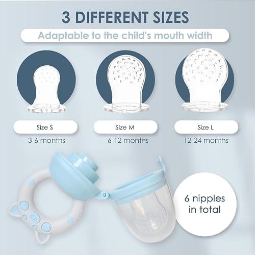 Bluet B- Baby Fruit Feeder Pacifier - BPA-Free Silicone Baby Food Feeder for Self-Feeding - Teething Relief - 4+ Months, 6 Silicone Nipples - 2 Pack Fresh Fruit Pacifier Frozen Teether - Blue & Green - Blue thumbnail 3