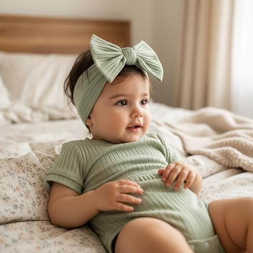 FOCUSNORM Baby Girl Summer Clothes Ribbed Short Sleeve Romper Solid Color Bodysuits Bow Headband Outfit Newborn Girl Jumpsuit thumbnail 4