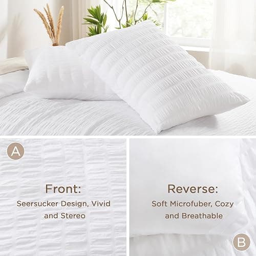 AveLom Seersucker White Comforter Set Full, 3 Pieces- 100% Soft Washed Microfiber Lightweight Comforter with 2 Pillowcases, All Season Down Alternative Bedding Set (80x90 inches) thumbnail 4