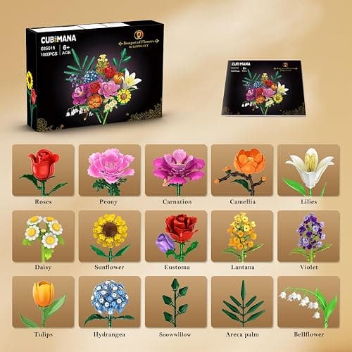 CUBIMANA Flower Bouquet Building Set, 1043 PCS Bouquet Botanicals Collection Gift for Valentine's Day for Her and Him, 15 Artificial Flowers Building Blocks Home Plant Decor for Adults Women Birthday thumbnail 9