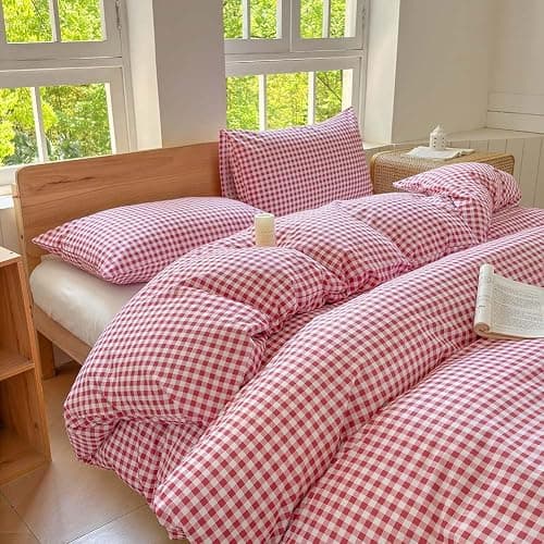 NSNLGSGC Red Gingham Grid Duvet Cover Set Twin, 100% Washed Cotton Plaid Comforter Cover Set,Ultra-Soft & Lightweight Cottage Bedding Set(2PCS, Twin) - Image 1