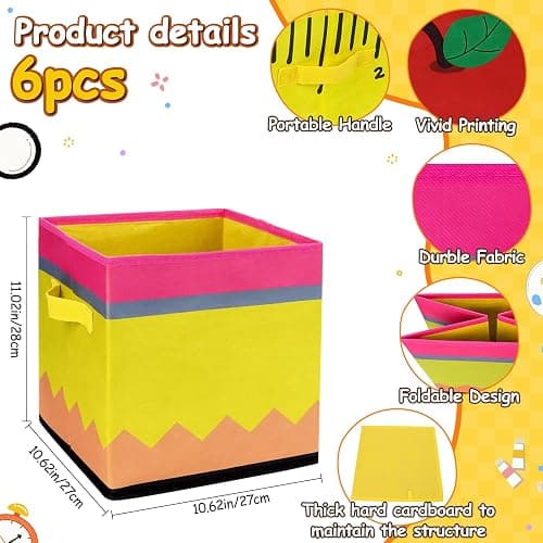 Lettry 6 Pcs 11in Notebook Pencil & Crayon Pattern Fabric Storage Bins, Colorful Collapsible Cubby Baskets with Handles for Classroom Organization, Home, Nursery, and Elementary School Supplies thumbnail 3