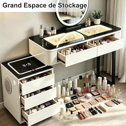 MJKCBD Moderne Coiffeuse avec Miroir à LED & 5 Tiroirs | 100cm Coiffeuse avec Table Transparente Lumineuse, 3 Couleurs, Parleur Bluetooth, Chargement Sans Fil / USB thumbnail 6