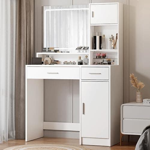 MIRROTOWEL Vanity Desk with Mirror and LED Light Strip,Dressing Table with Large Drawer, 3 Level Storage Dresser & 3 Lighting Modes Adjustable Brightness, Suitable for Bedroom - Image 1