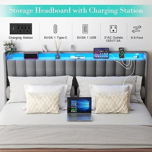 Queen Bed Frame with 2 Storage Drawers, Platform Bed Frame Queen Size with LED Light, Upholstered Headboard, Charging Station, Steel Slat Support, No Box Spring Needed, Noise-Free, Easy Assembly, Gray thumbnail 7