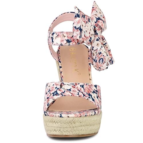 Allegra K Women's Platform Sandal Wedge Heels | 4 1/2 inches Heel, Espadrille, Bow, Comfortable, Fabric, perfect for Evening Party, Wedding, Date Night thumbnail 2