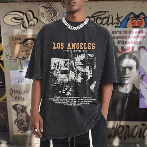 Pairxily Oversized Graphic Tshirts for Men Acid Wash Los Angeles Vintage Tees Streetwear Baggy Cotton Shirts Casual Tops thumbnail 2