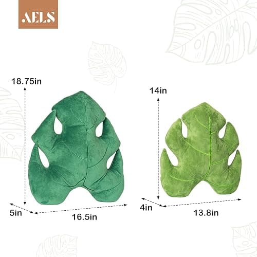 AELS Set of 2 3D Leaves Decorative Throw Pillows, 18"& 14" Monstera Deliciosa Plush Pillow Set for Plant Lovers Garden Lovers, Living Room Bedroom Nursery Decor, Light Green & Dark Green thumbnail 2