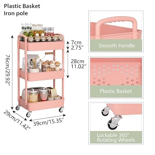 Sywhitta 3-Tier Plastic Rolling Utility Cart with Handle, Multi-Functional Storage Trolley for Office, Living Room, Kitchen, Movable Storage Organizer with Wheels, Pink thumbnail 3