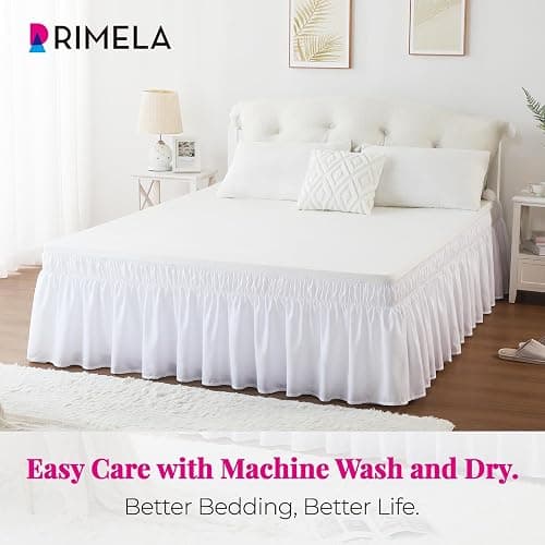 RIMELA Queen Bed Skirt 14 Inch Drop White, Wrap Around Elastic Bed Skirts Queen Size Dust Ruffle, Bedskirt for Adjustable Bed Base Solid Silky Fabric Machine Washable Easy to Install thumbnail 5