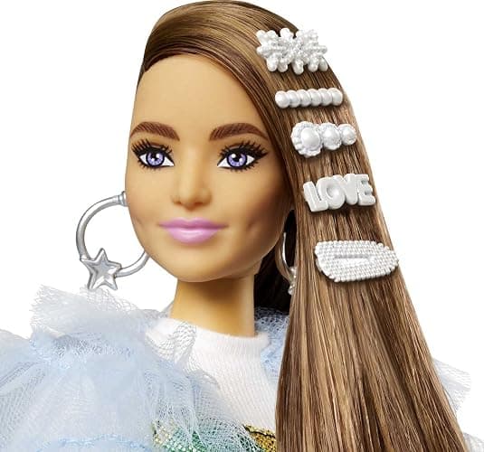 Barbie Extra Doll #9 in Blue Ruffled Jacket with Pet Crocodile, Long Brunette Hair, Bling Hair Clips, Gift for Kids 3Y+, GYJ78 thumbnail 4
