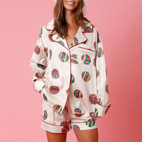 Miqil Women Christmas 2 Piece Pajamas Set Candy Cane Print Long Sleeve Button Up Shirts High Waist Shorts Xmas Loungewear thumbnail 3