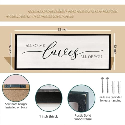 All Of Me Loves All Of You Wall Decor 32''×12'' Modern Master Bedroom Above Bed Sign Large Vintage Wood Framed Farmhouse Over Bed Bedside Wall Home Love Quote Wall Art Hanging (Black) thumbnail 2